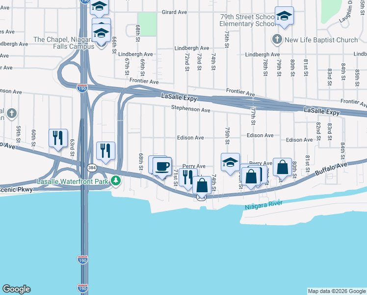 map of restaurants, bars, coffee shops, grocery stores, and more near 240 72nd Street in Niagara Falls