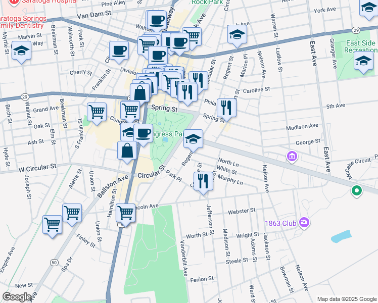 map of restaurants, bars, coffee shops, grocery stores, and more near 125 Regent Street in Saratoga Springs