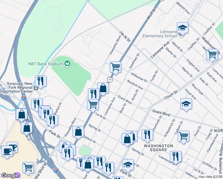 map of restaurants, bars, coffee shops, grocery stores, and more near 800 Wolf Street in Syracuse