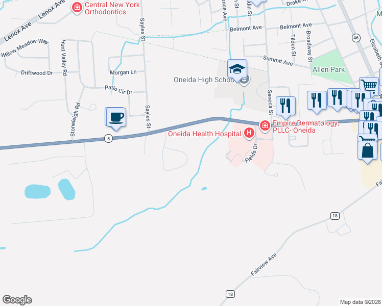 map of restaurants, bars, coffee shops, grocery stores, and more near 132 Hagan Cir in Oneida