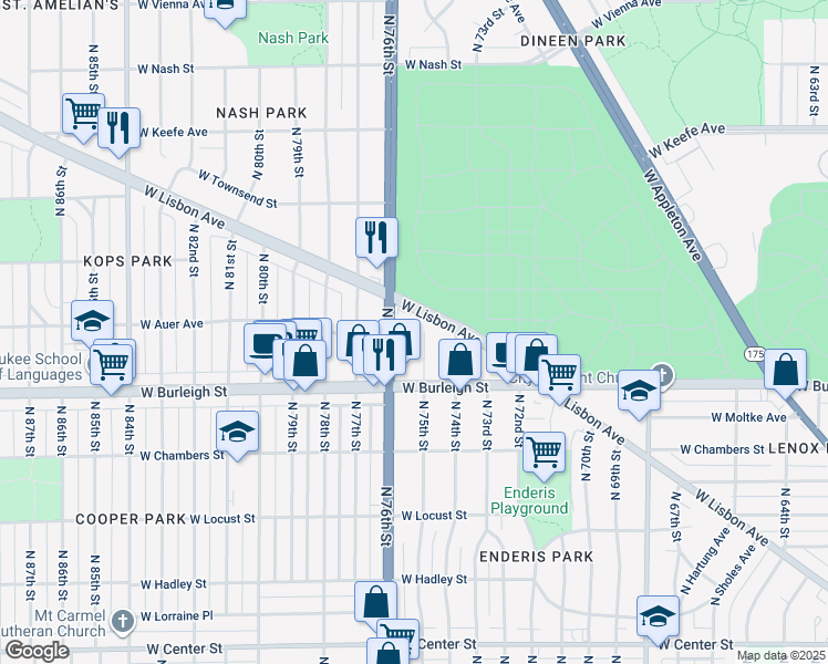 map of restaurants, bars, coffee shops, grocery stores, and more near 3167 North 75th Street in Milwaukee
