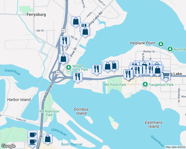 map of restaurants, bars, coffee shops, grocery stores, and more near 917 West Savidge Street in Spring Lake