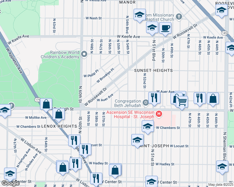 map of restaurants, bars, coffee shops, grocery stores, and more near 3177 North 55th Street in Milwaukee
