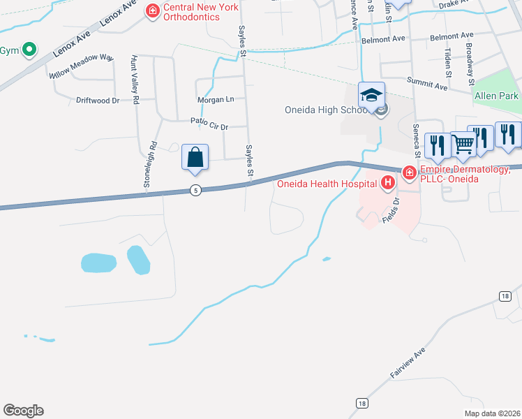 map of restaurants, bars, coffee shops, grocery stores, and more near 407 Fultz Drive in Oneida