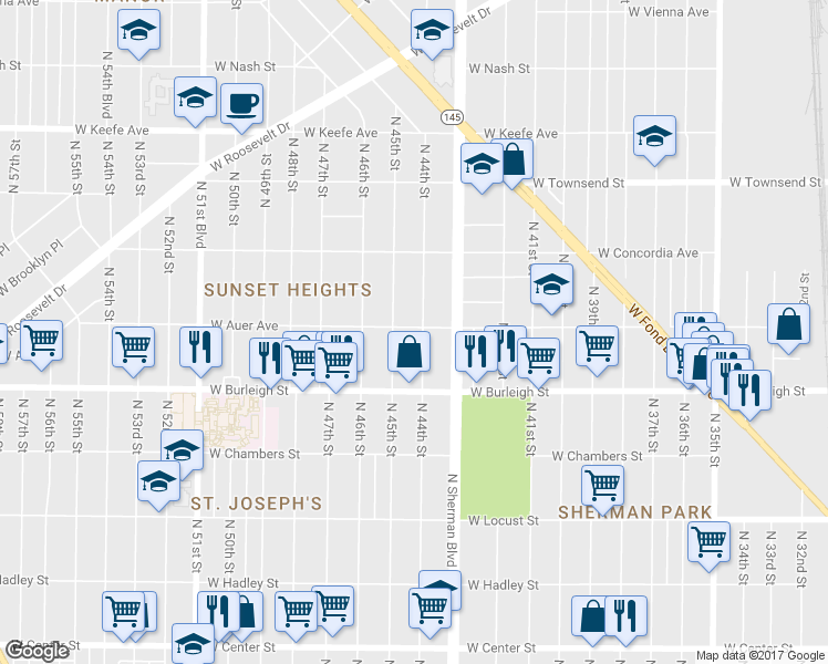 map of restaurants, bars, coffee shops, grocery stores, and more near 3177 North 44th Street in Milwaukee