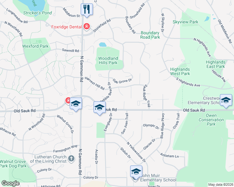 map of restaurants, bars, coffee shops, grocery stores, and more near 6 Torrey Pines Ct in Madison