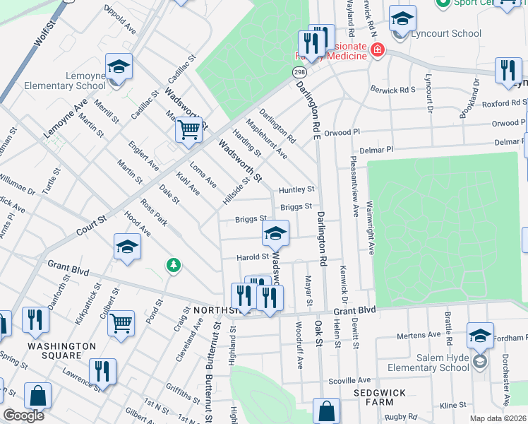 map of restaurants, bars, coffee shops, grocery stores, and more near 175 Briggs Street in Syracuse