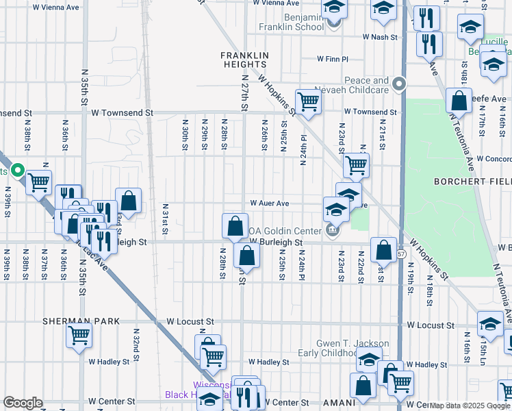 map of restaurants, bars, coffee shops, grocery stores, and more near 2609 West Auer Avenue in Milwaukee