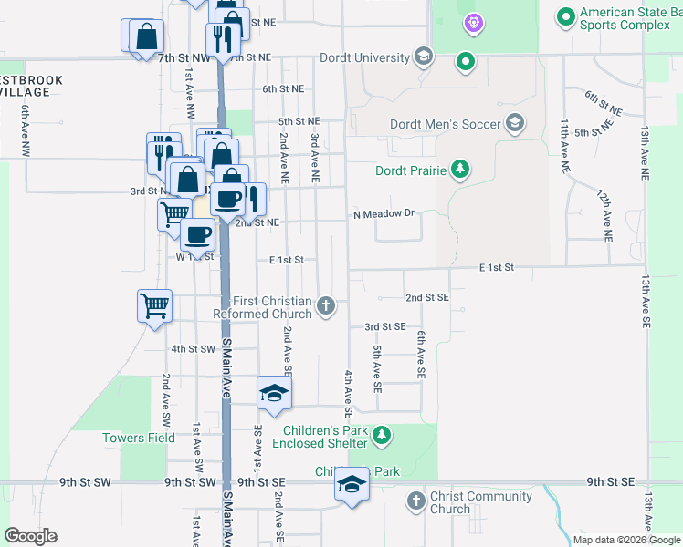 map of restaurants, bars, coffee shops, grocery stores, and more near 440 East 1st Street in Sioux Center