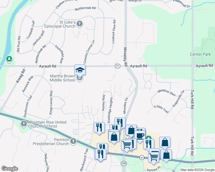 map of restaurants, bars, coffee shops, grocery stores, and more near 86 Huxley Way in Fairport