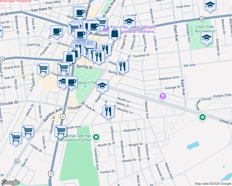 map of restaurants, bars, coffee shops, grocery stores, and more near 48 Union Avenue in Saratoga Springs
