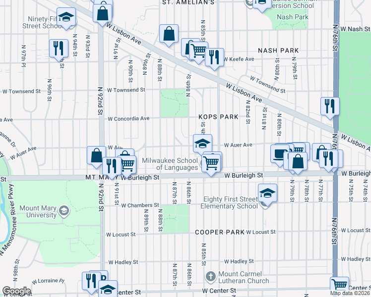 map of restaurants, bars, coffee shops, grocery stores, and more near 3177 North 86th Street in Milwaukee