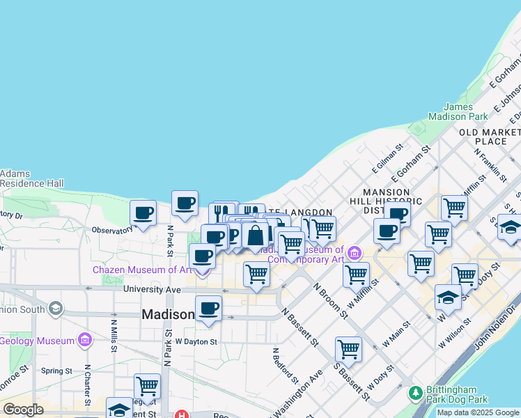 map of restaurants, bars, coffee shops, grocery stores, and more near 629 North Frances Street in Madison