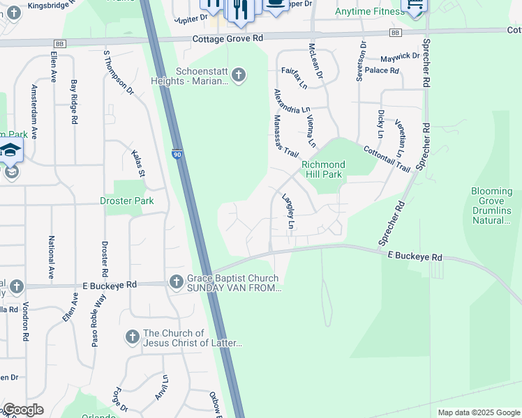 map of restaurants, bars, coffee shops, grocery stores, and more near 1602 Kings Mill Way in Madison