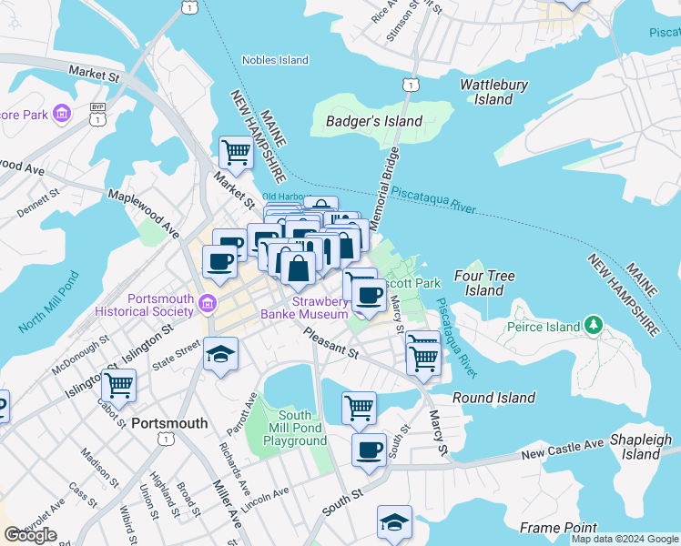 map of restaurants, bars, coffee shops, grocery stores, and more near 121 State Street in Portsmouth