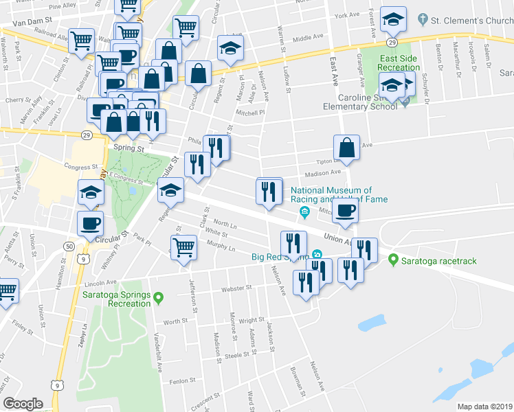 map of restaurants, bars, coffee shops, grocery stores, and more near 168 Nelson Avenue in Saratoga Springs