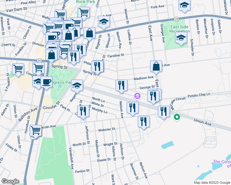 map of restaurants, bars, coffee shops, grocery stores, and more near 168 Nelson Avenue in Saratoga Springs