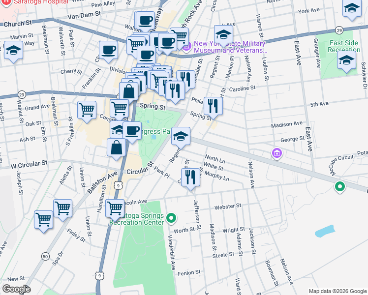 map of restaurants, bars, coffee shops, grocery stores, and more near 125 Regent Street in Saratoga Springs