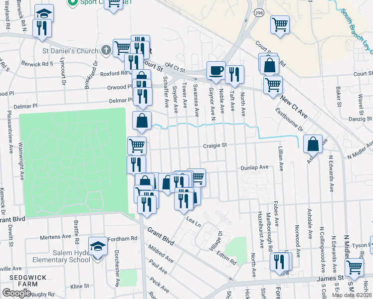 map of restaurants, bars, coffee shops, grocery stores, and more near 220 Tower Avenue in Syracuse