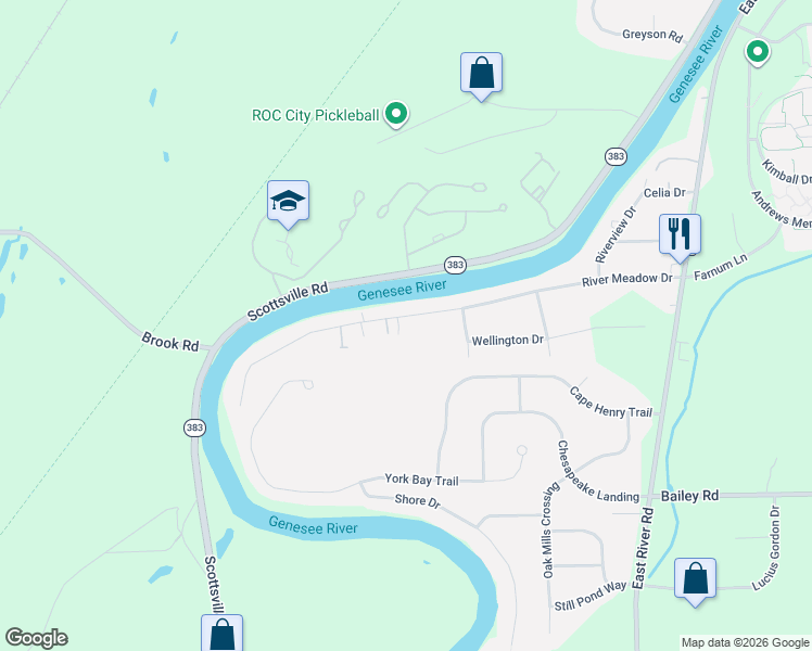 map of restaurants, bars, coffee shops, grocery stores, and more near 237 River Meadow Drive in Rochester