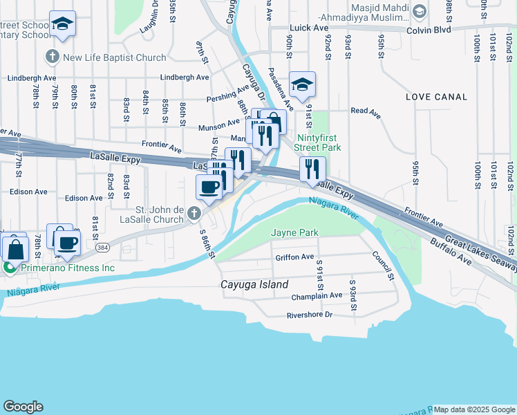map of restaurants, bars, coffee shops, grocery stores, and more near 8735 Point Avenue in Niagara Falls