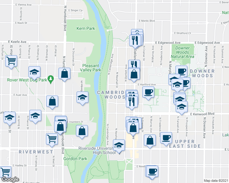 map of restaurants, bars, coffee shops, grocery stores, and more near 3254 North Cambridge Avenue in Milwaukee