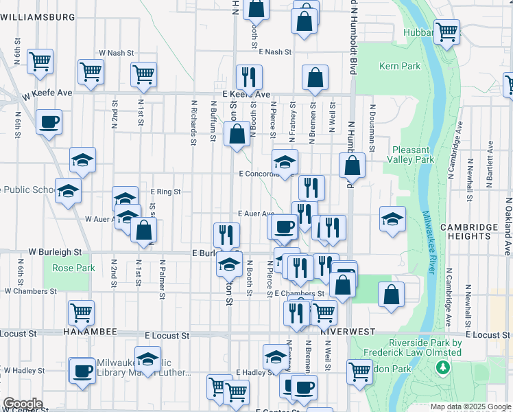 map of restaurants, bars, coffee shops, grocery stores, and more near 3225 North Pierce Street in Milwaukee
