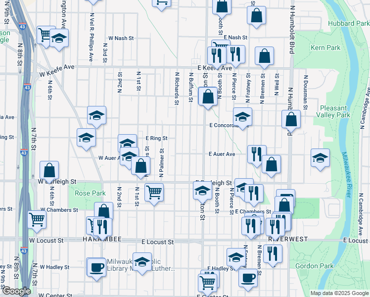 map of restaurants, bars, coffee shops, grocery stores, and more near 3214 North Richards Street in Milwaukee