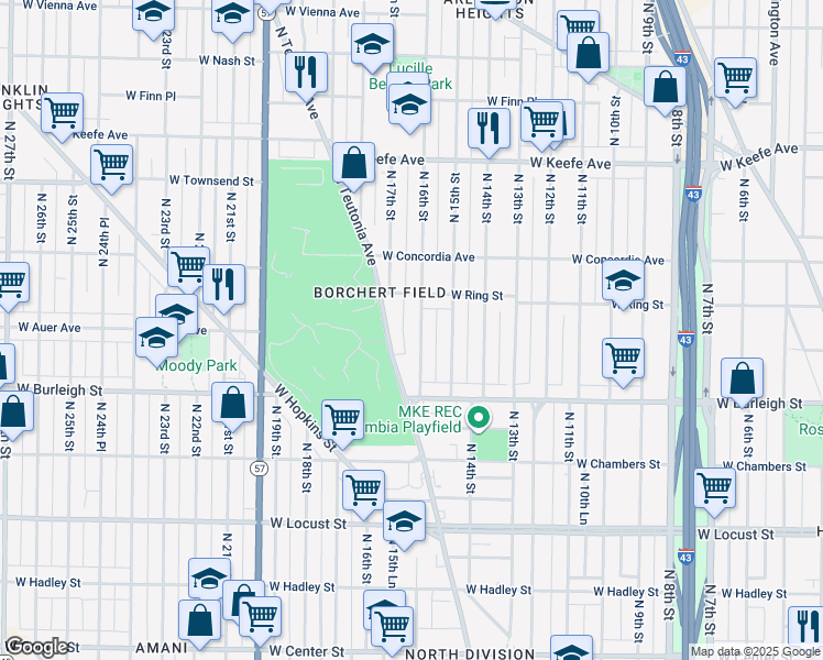 map of restaurants, bars, coffee shops, grocery stores, and more near 3207 North 16th Street in Milwaukee