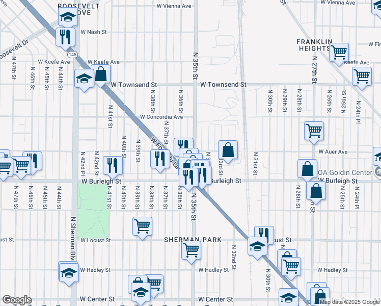 map of restaurants, bars, coffee shops, grocery stores, and more near 3426 West Auer Avenue in Milwaukee