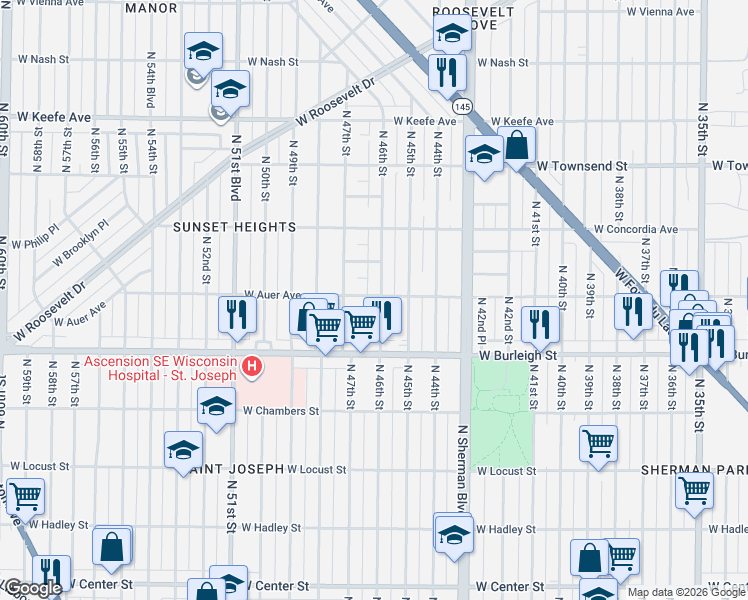 map of restaurants, bars, coffee shops, grocery stores, and more near 4633 West Auer Avenue in Milwaukee