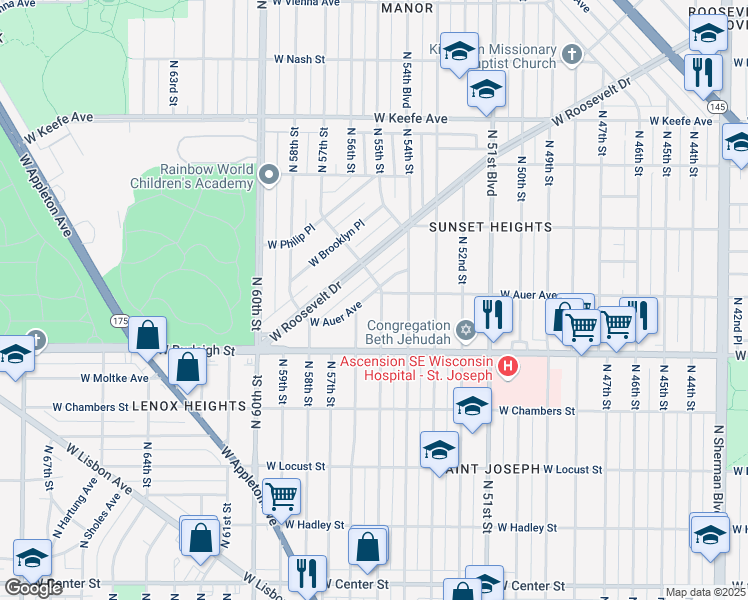 map of restaurants, bars, coffee shops, grocery stores, and more near 3177 North 55th Street in Milwaukee