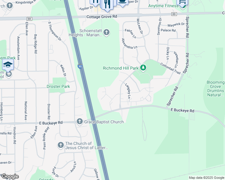 map of restaurants, bars, coffee shops, grocery stores, and more near 1602 Kings Mill Way in Madison