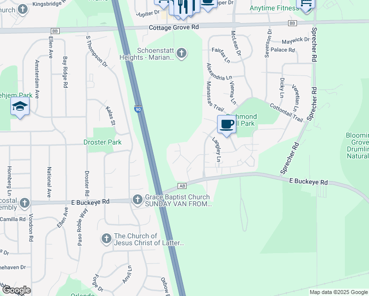 map of restaurants, bars, coffee shops, grocery stores, and more near 9 Kings Mill Circle in Madison