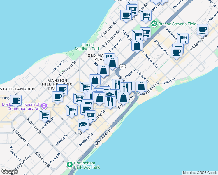 map of restaurants, bars, coffee shops, grocery stores, and more near 30 South Franklin Street in Madison