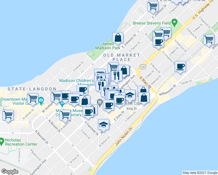 map of restaurants, bars, coffee shops, grocery stores, and more near 12 North Butler Street in Madison
