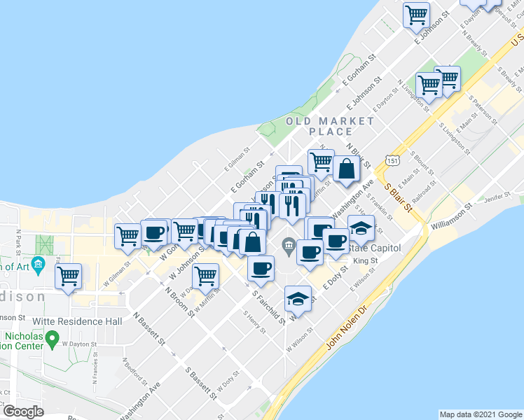 map of restaurants, bars, coffee shops, grocery stores, and more near 29 East Dayton Street in Madison
