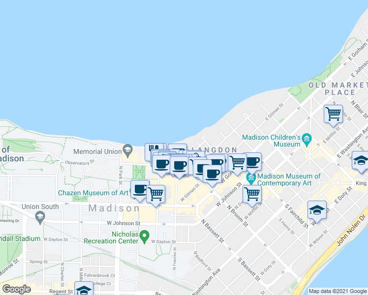 map of restaurants, bars, coffee shops, grocery stores, and more near 644 North Frances Street in Madison