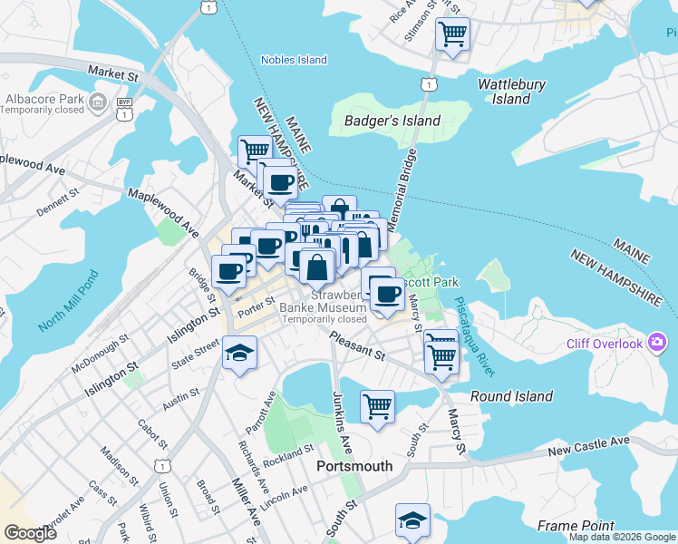 map of restaurants, bars, coffee shops, grocery stores, and more near 121 State Street in Portsmouth