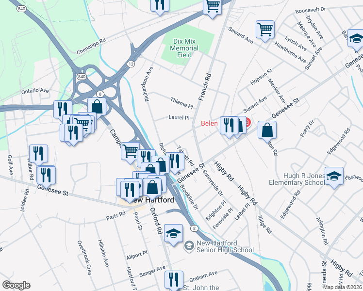 map of restaurants, bars, coffee shops, grocery stores, and more near 20 Talcott Road in Utica