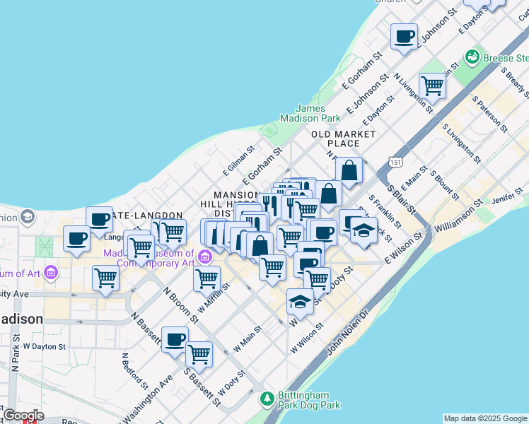 map of restaurants, bars, coffee shops, grocery stores, and more near 22 East Dayton Street in Madison