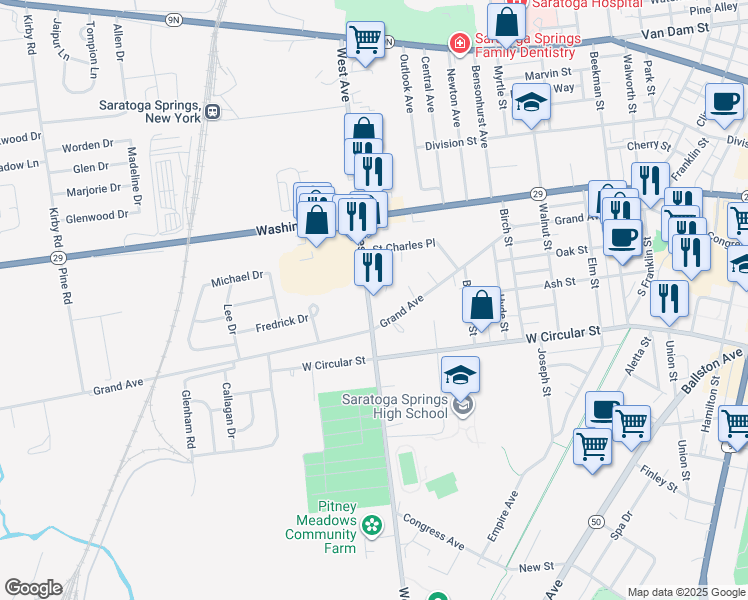 map of restaurants, bars, coffee shops, grocery stores, and more near 120 West Avenue in Saratoga Springs