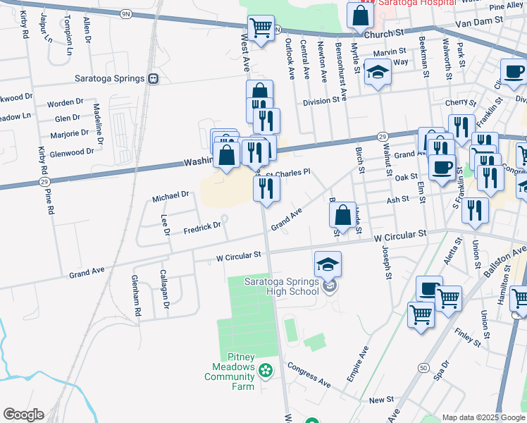 map of restaurants, bars, coffee shops, grocery stores, and more near 126 Lake Avenue in Saratoga Springs