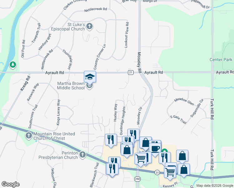 map of restaurants, bars, coffee shops, grocery stores, and more near 86 Huxley Way in Fairport