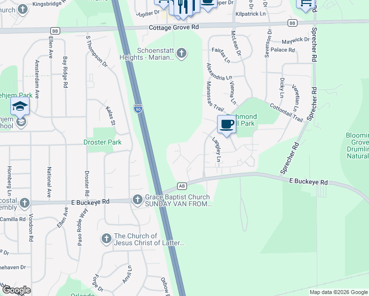 map of restaurants, bars, coffee shops, grocery stores, and more near 9 Kings Mill Circle in Madison