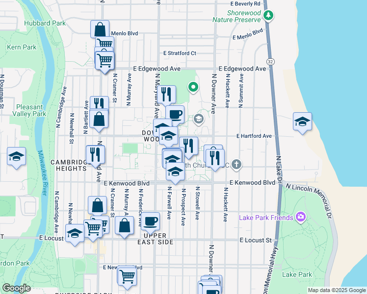 map of restaurants, bars, coffee shops, grocery stores, and more near 2311 East Hartford Avenue in Milwaukee