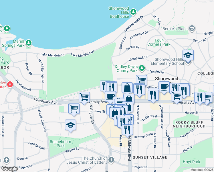 map of restaurants, bars, coffee shops, grocery stores, and more near 4690 University Avenue in Madison