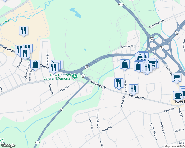 map of restaurants, bars, coffee shops, grocery stores, and more near 180 Genesee Street in New Hartford