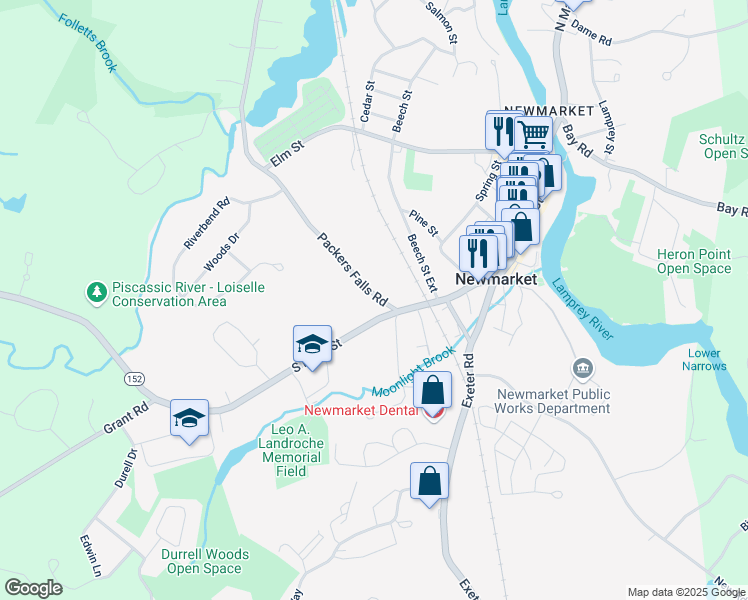 map of restaurants, bars, coffee shops, grocery stores, and more near 7 Packers Falls Road in Newmarket