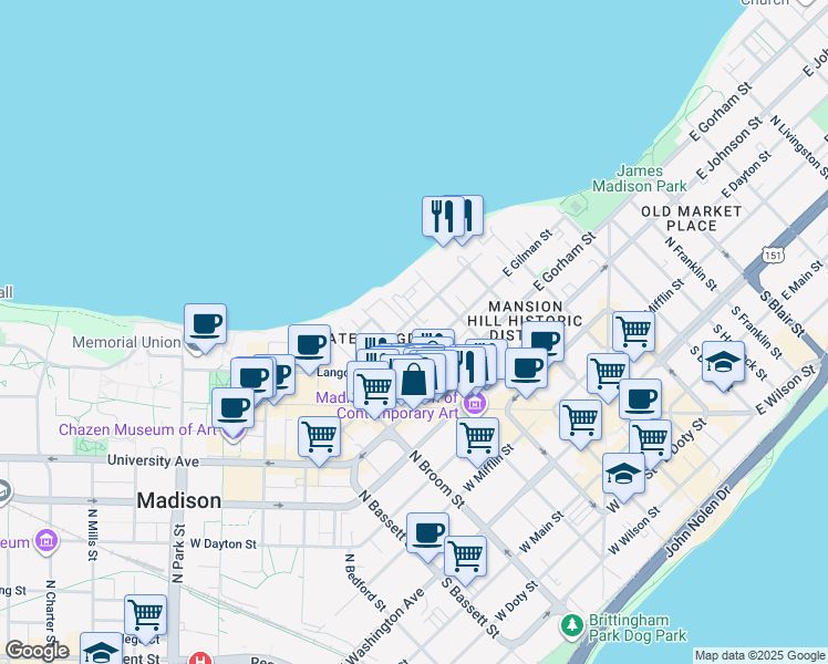 map of restaurants, bars, coffee shops, grocery stores, and more near 133 Langdon Street in Madison